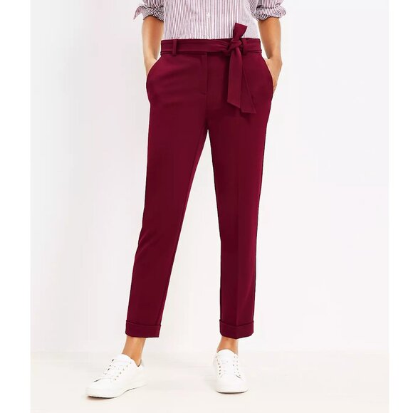 NWT New $90 LOFT Devin Tie Waist Slim Maroon Pants Size 12 Petite - Picture 1 of 10
